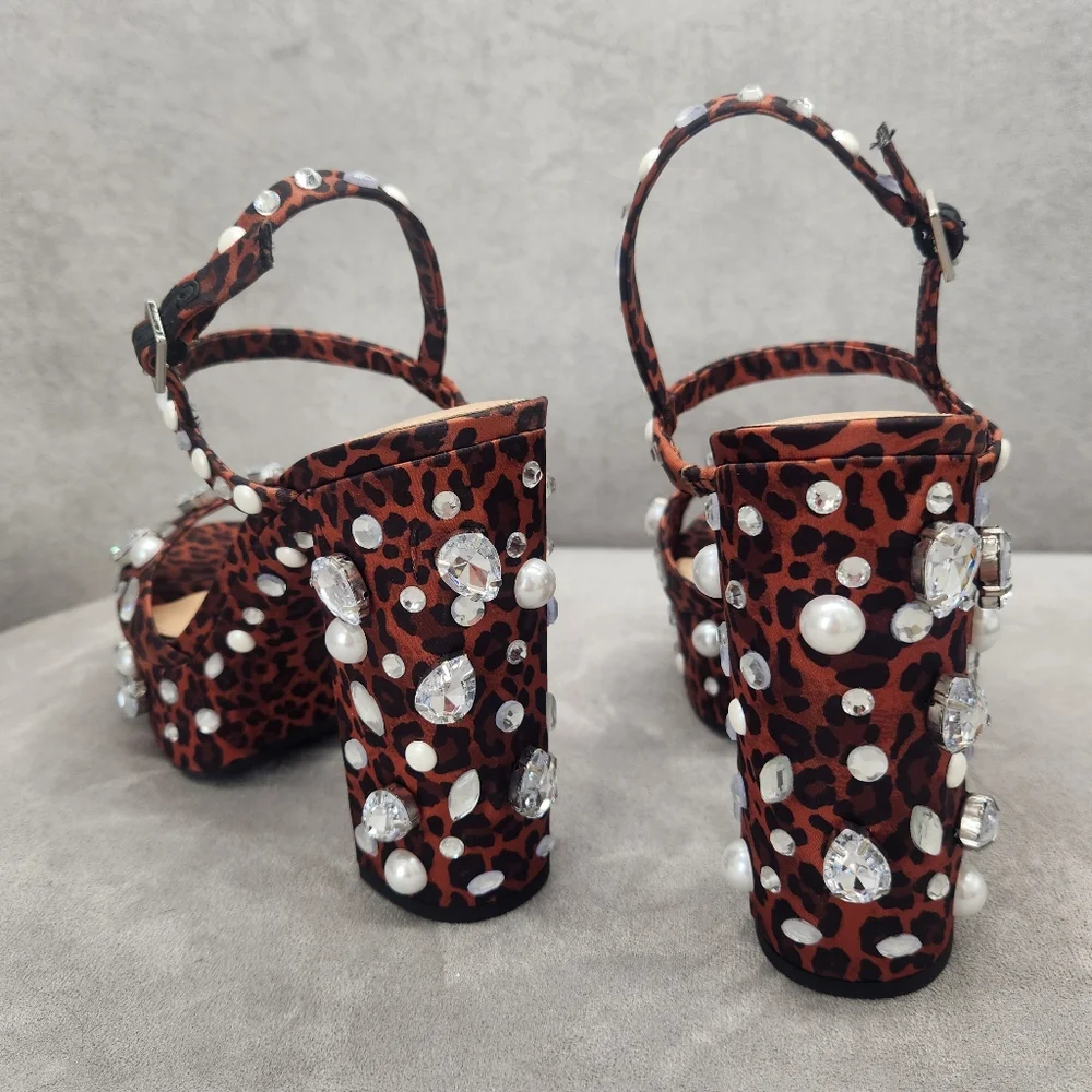 Gianni Bini Platform Sandals 8 Brown Leopard Satin Calvan Two Jeweled New $150 - Picture 12 of 17